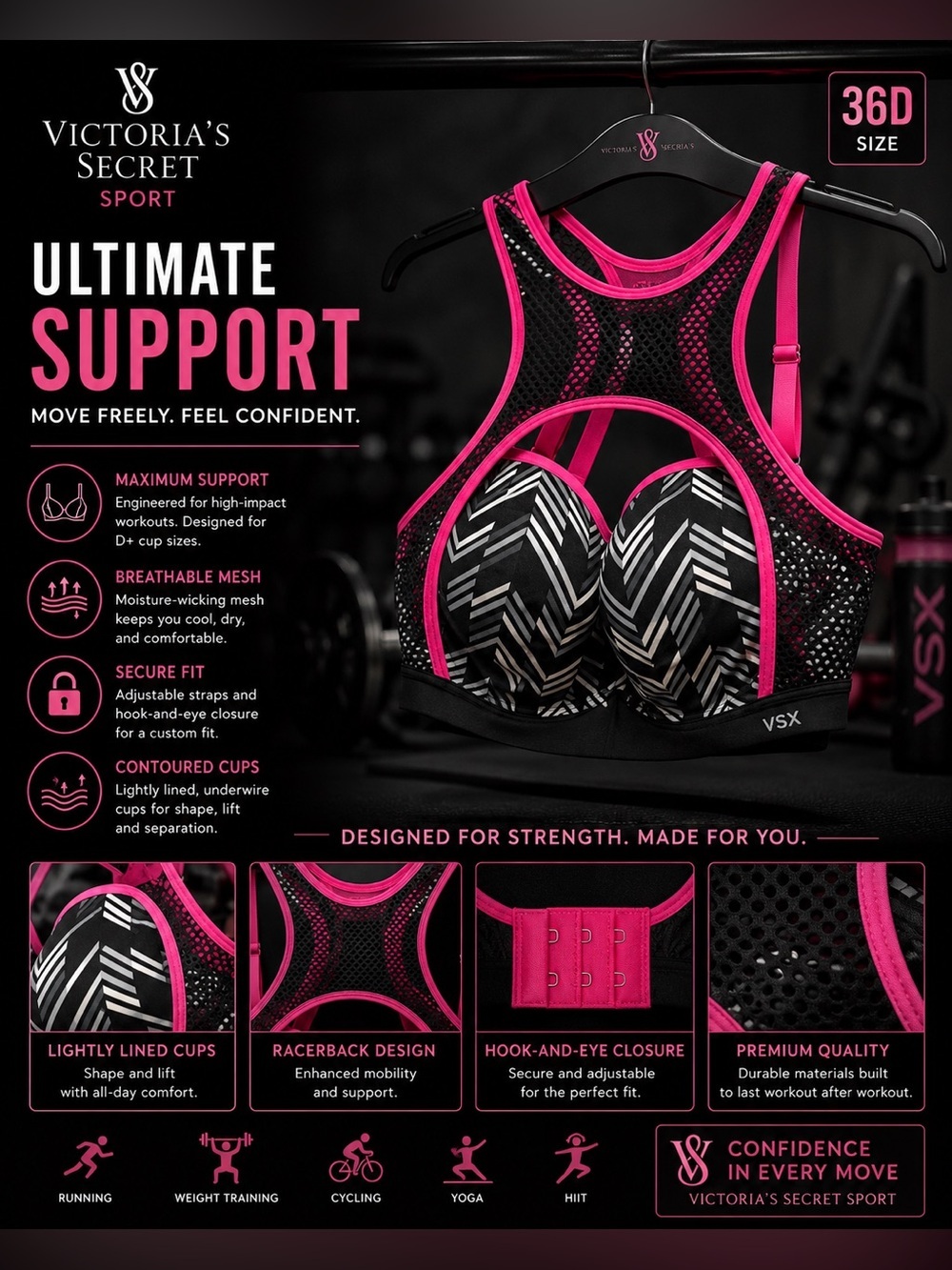 Victoria's Secret Sport Racerback Support Bra - Pink & Black wired & padded 36D